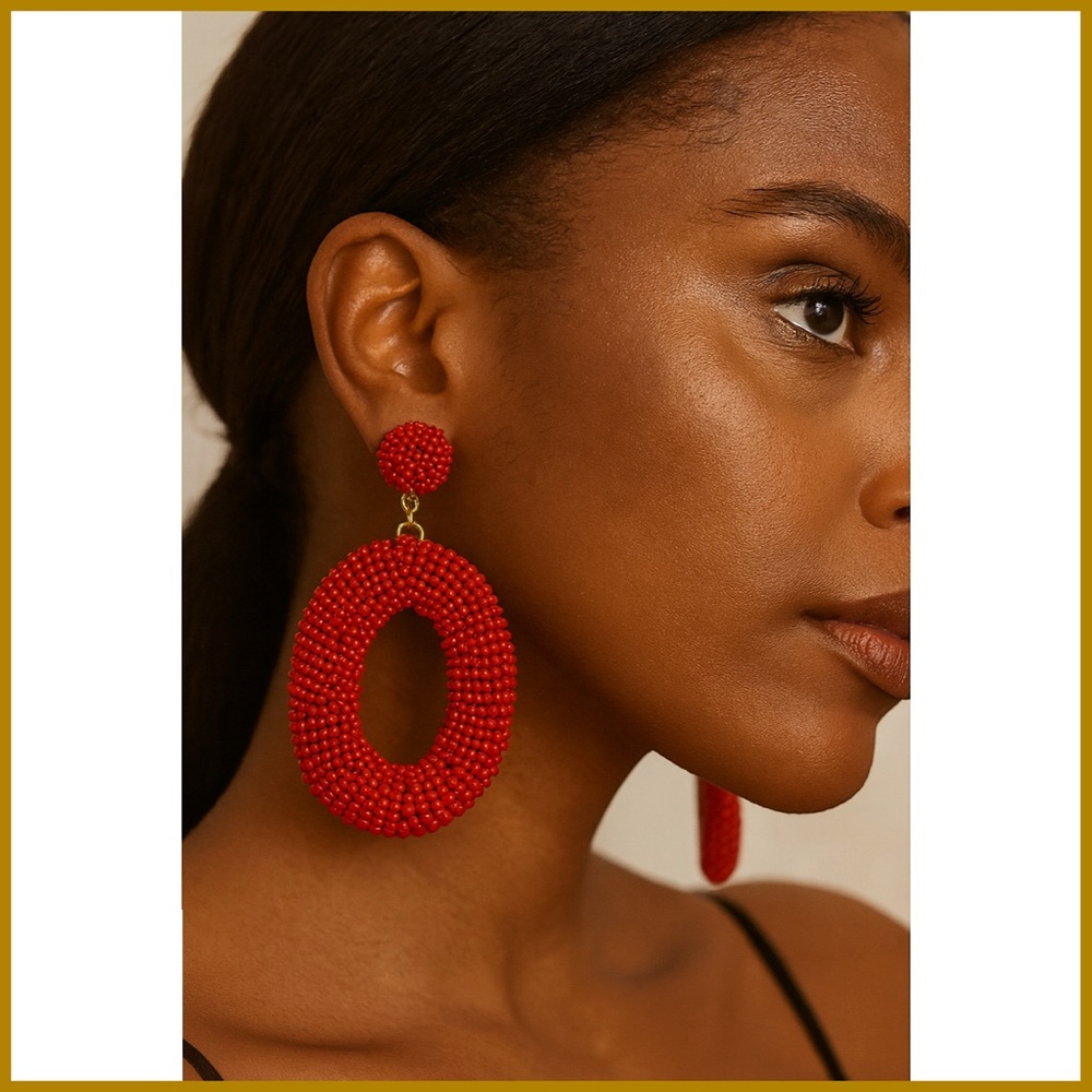 Noir Red Oval Beaded Boho Drop Earrings